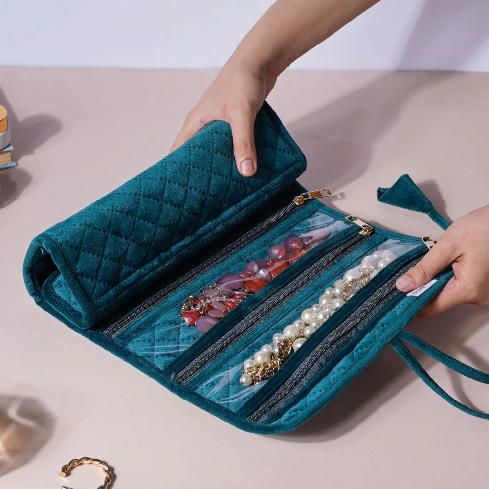 Foldable Jewellery Organiser Roll Green 10x20 inch - Image 3