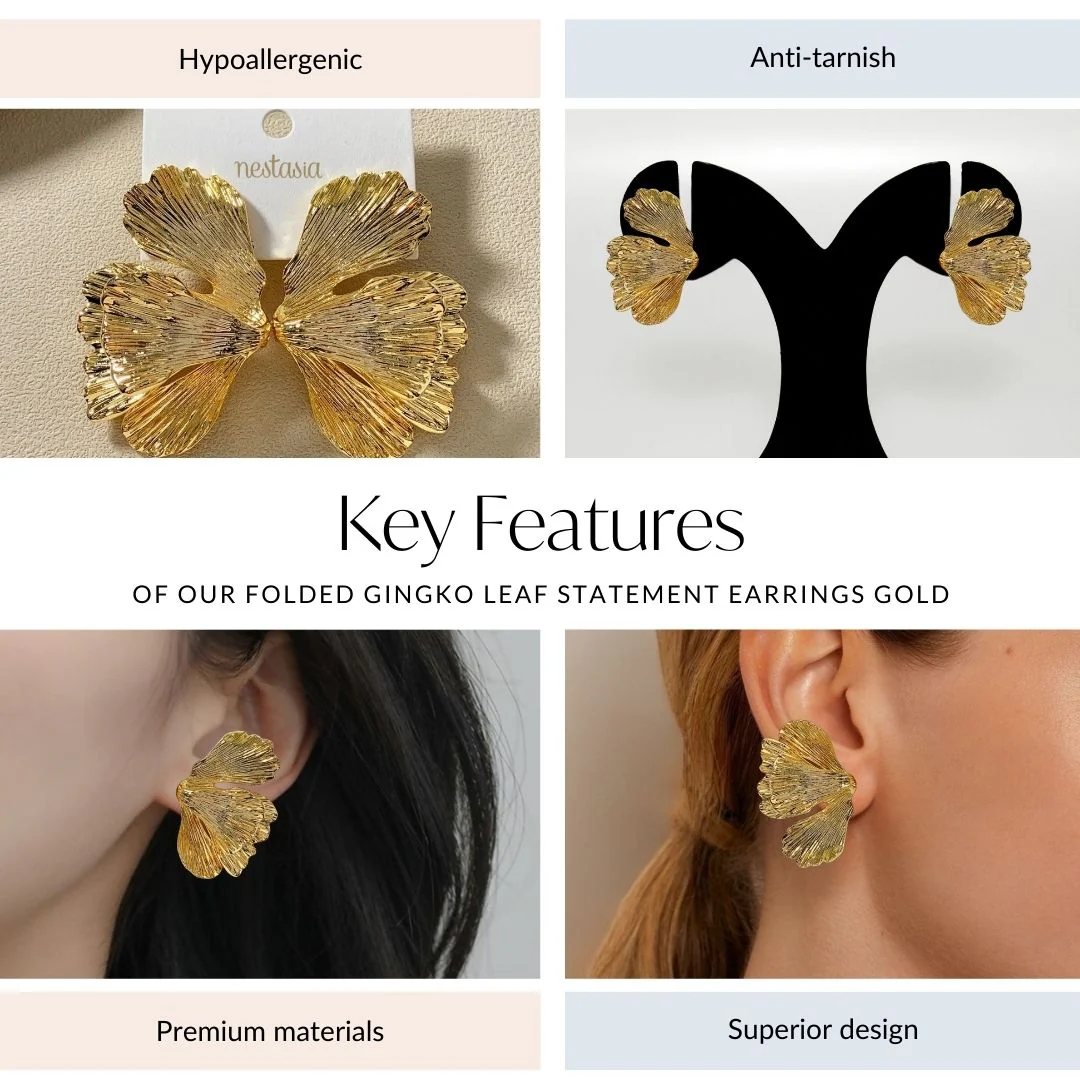 Folded Ginkgo Leaf Statement Earrings Gold - Image 4