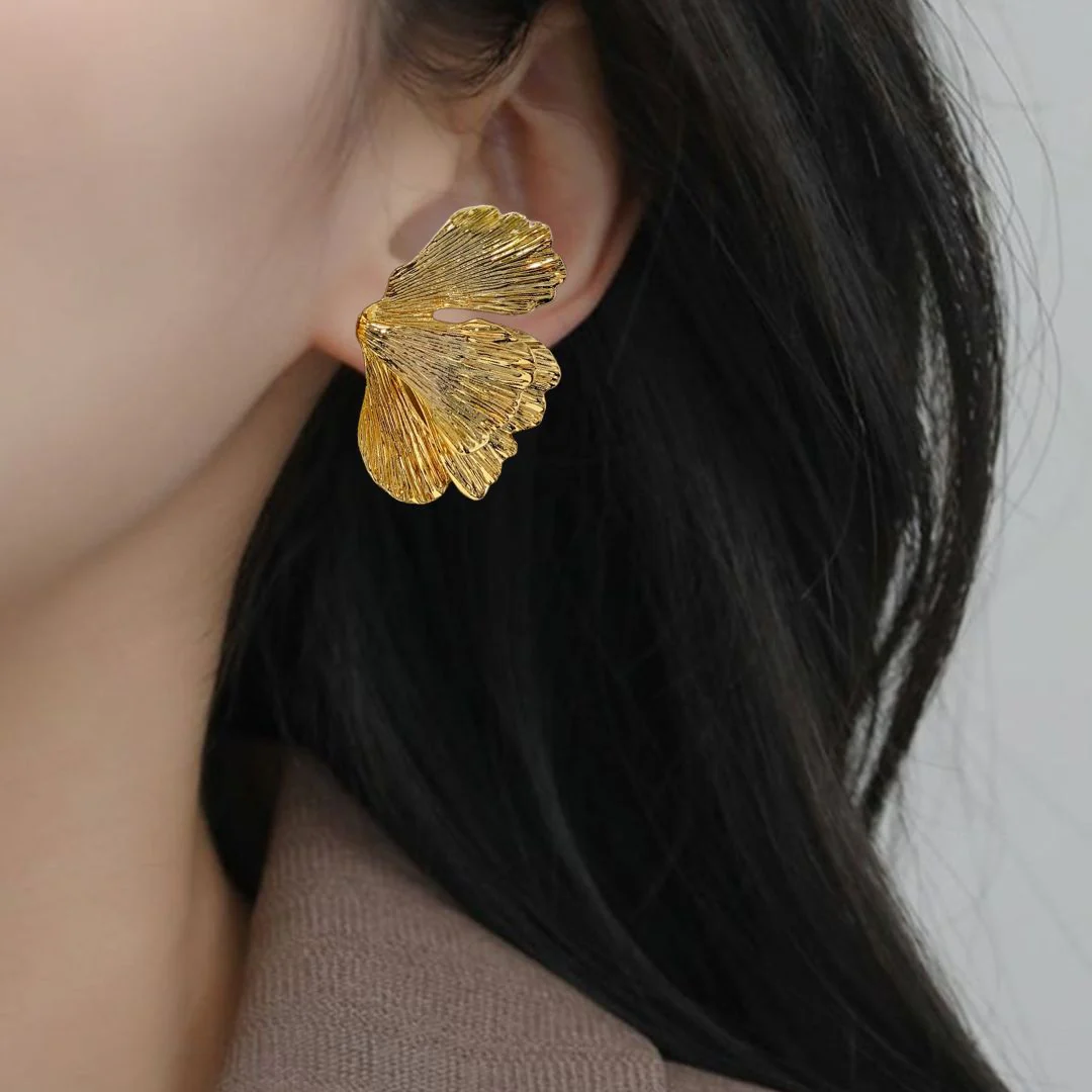 Folded Ginkgo Leaf Statement Earrings Gold - Image 5