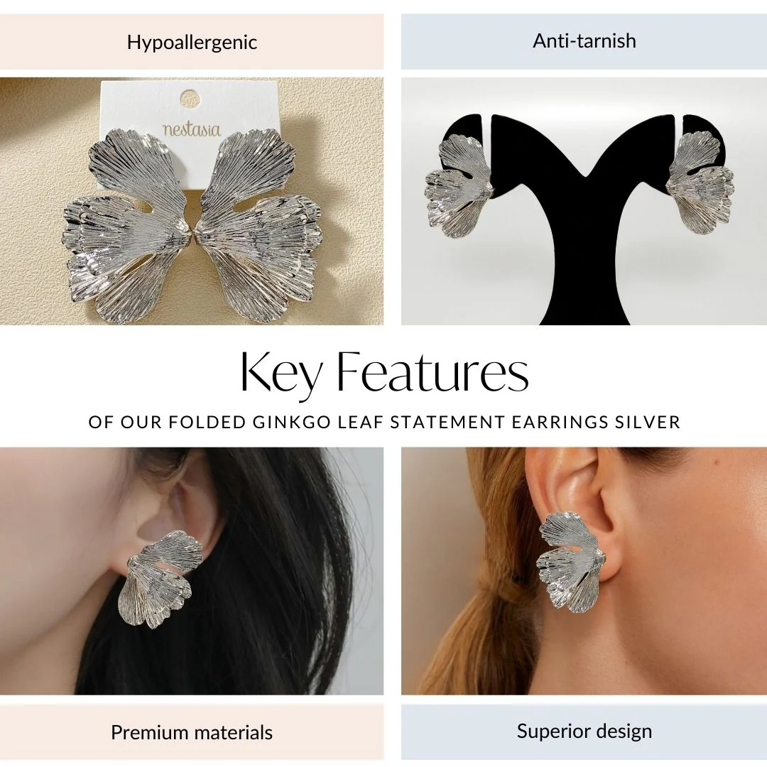 Folded Ginkgo Leaf Statement Earrings Silver - Image 4
