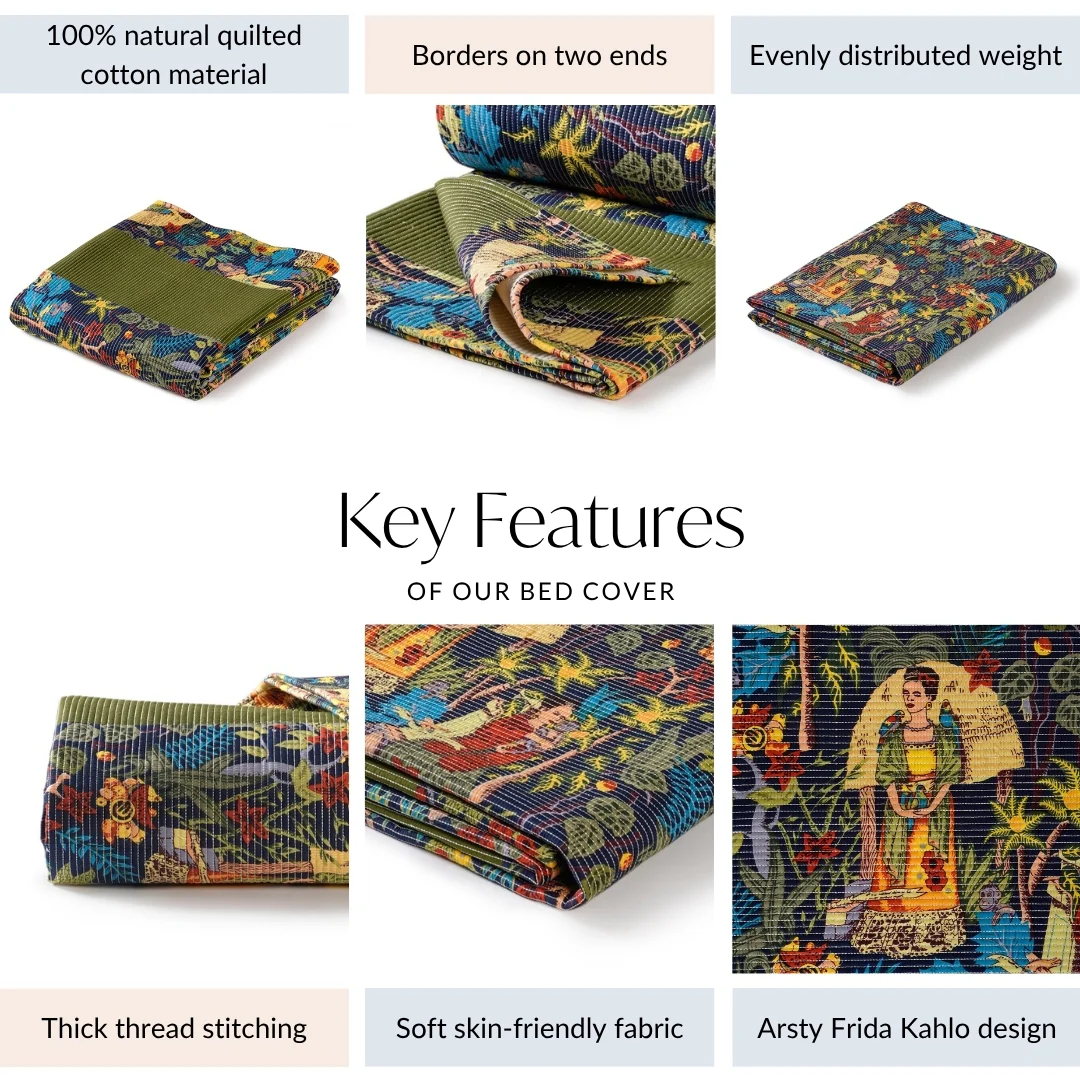 Frida Kahlo Inspired Quilted Cotton Bedcover 250x220cm - Image 5