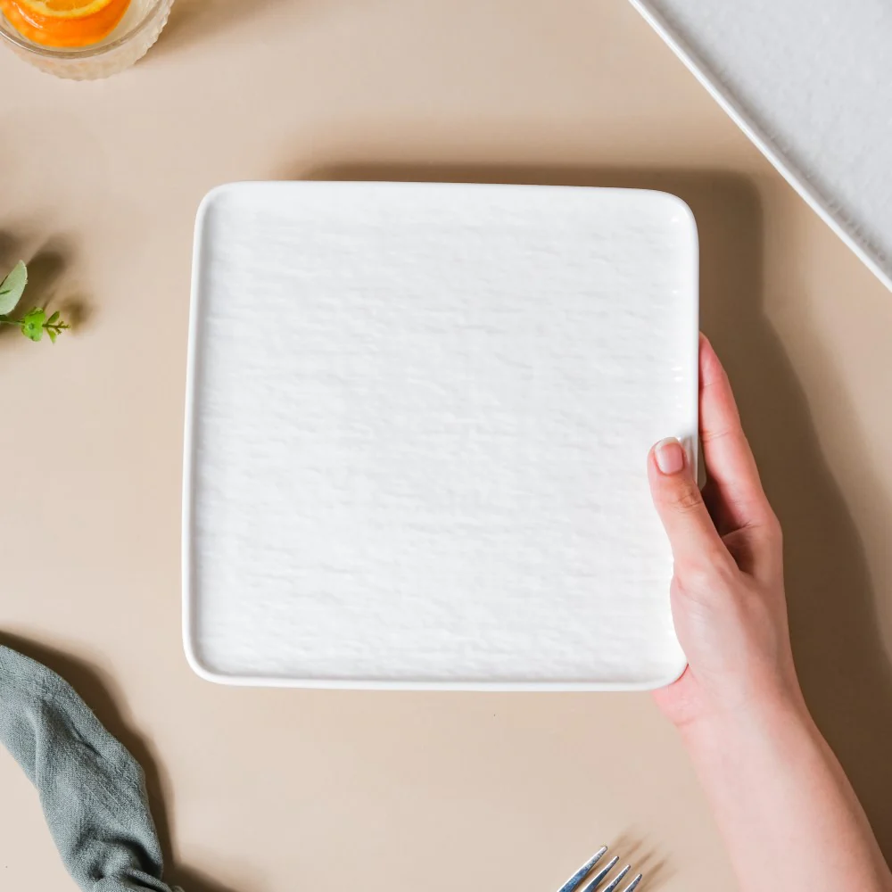 Frore Textured Square Ceramic Snack Plate White 8 Inch - Image 2