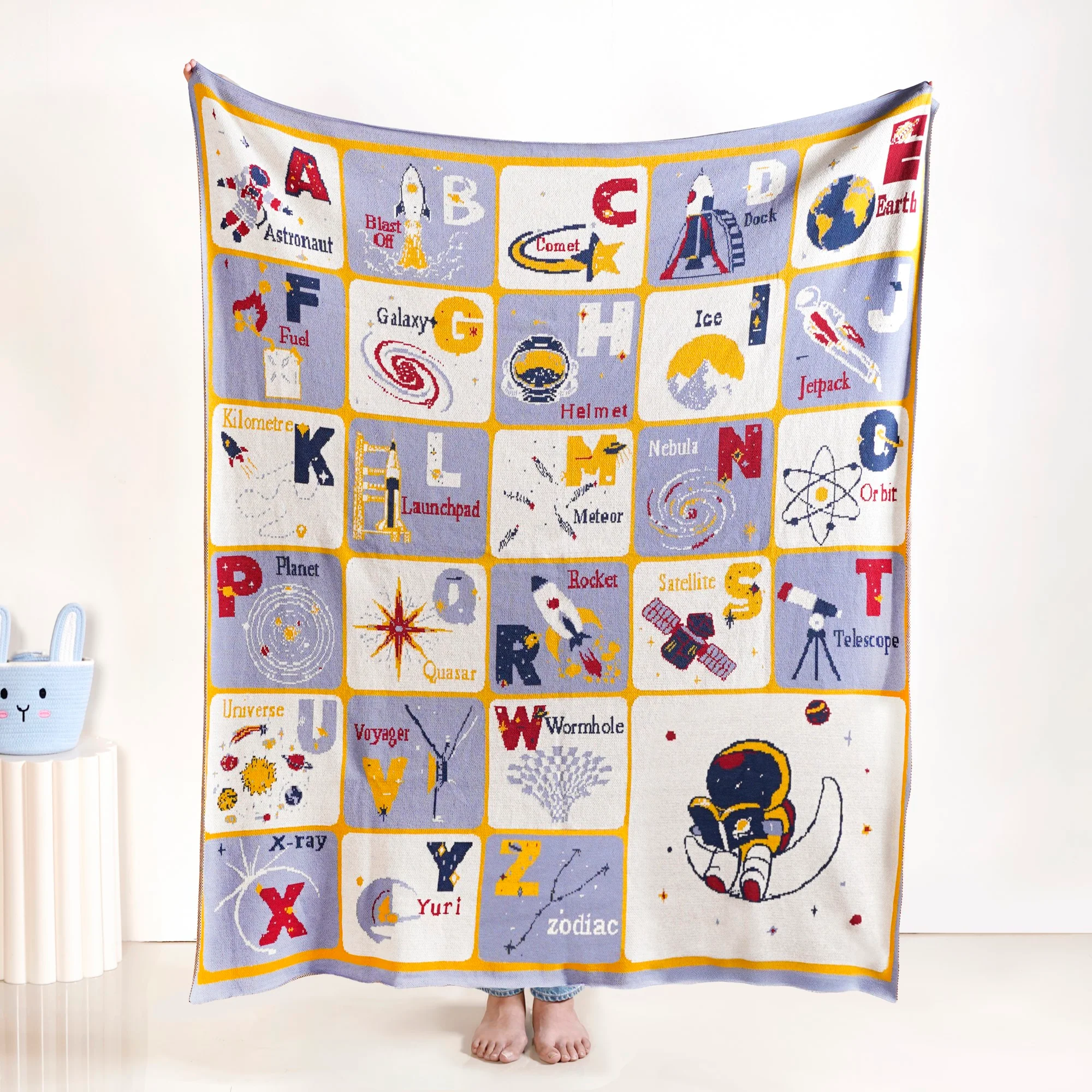 Galaxy Alphabet ABCD Knitted Kids Learning Cotton Throw 152x125cm