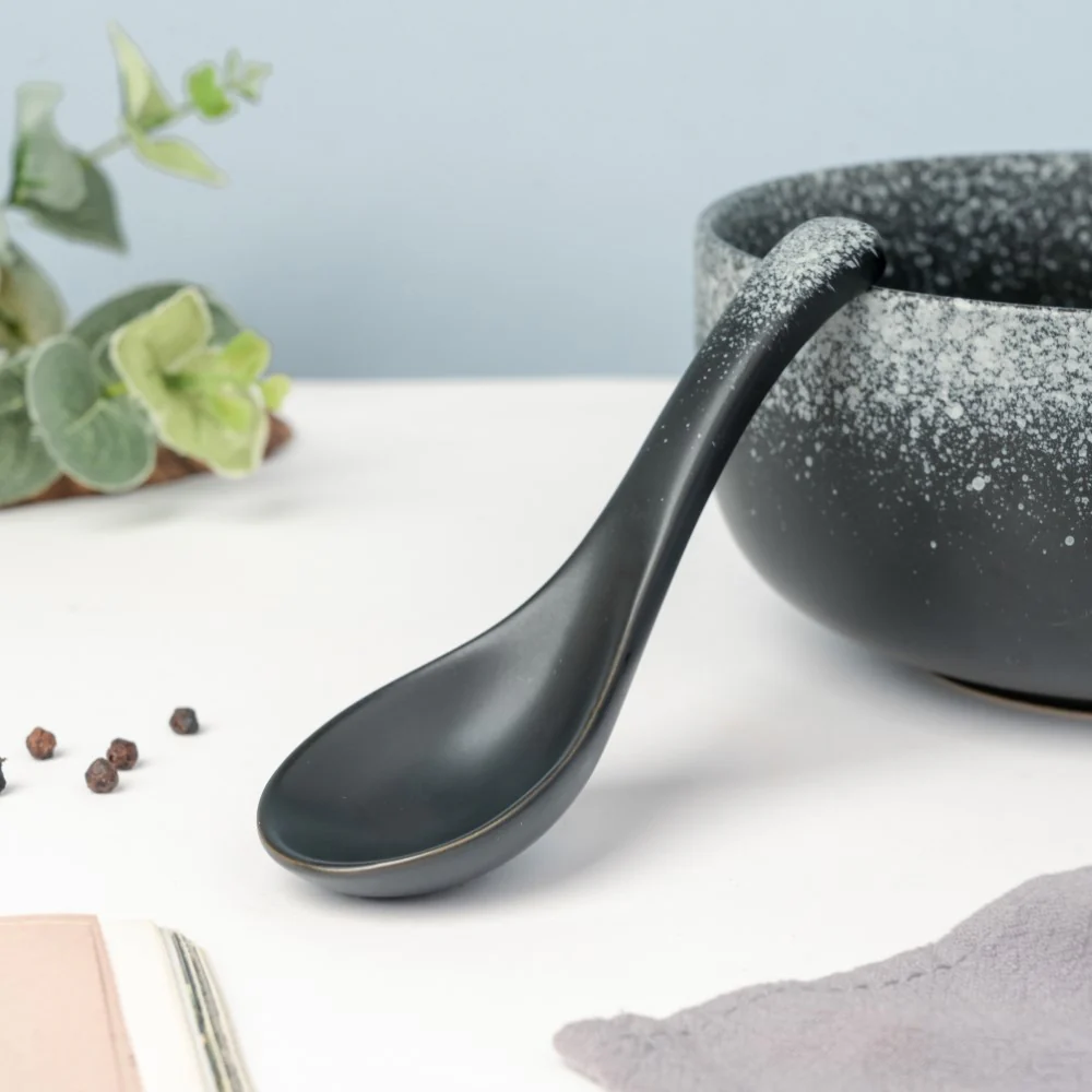 Galaxy Stone Pottery Spoon For Soup Matte Black