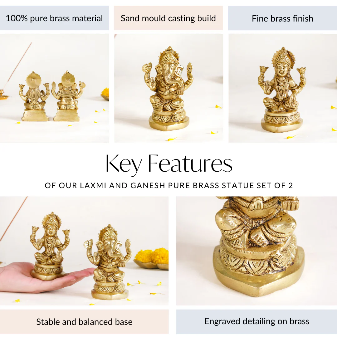 Ganesh Laxmi Pure Brass Statue Set Of 2 11cm - Image 5