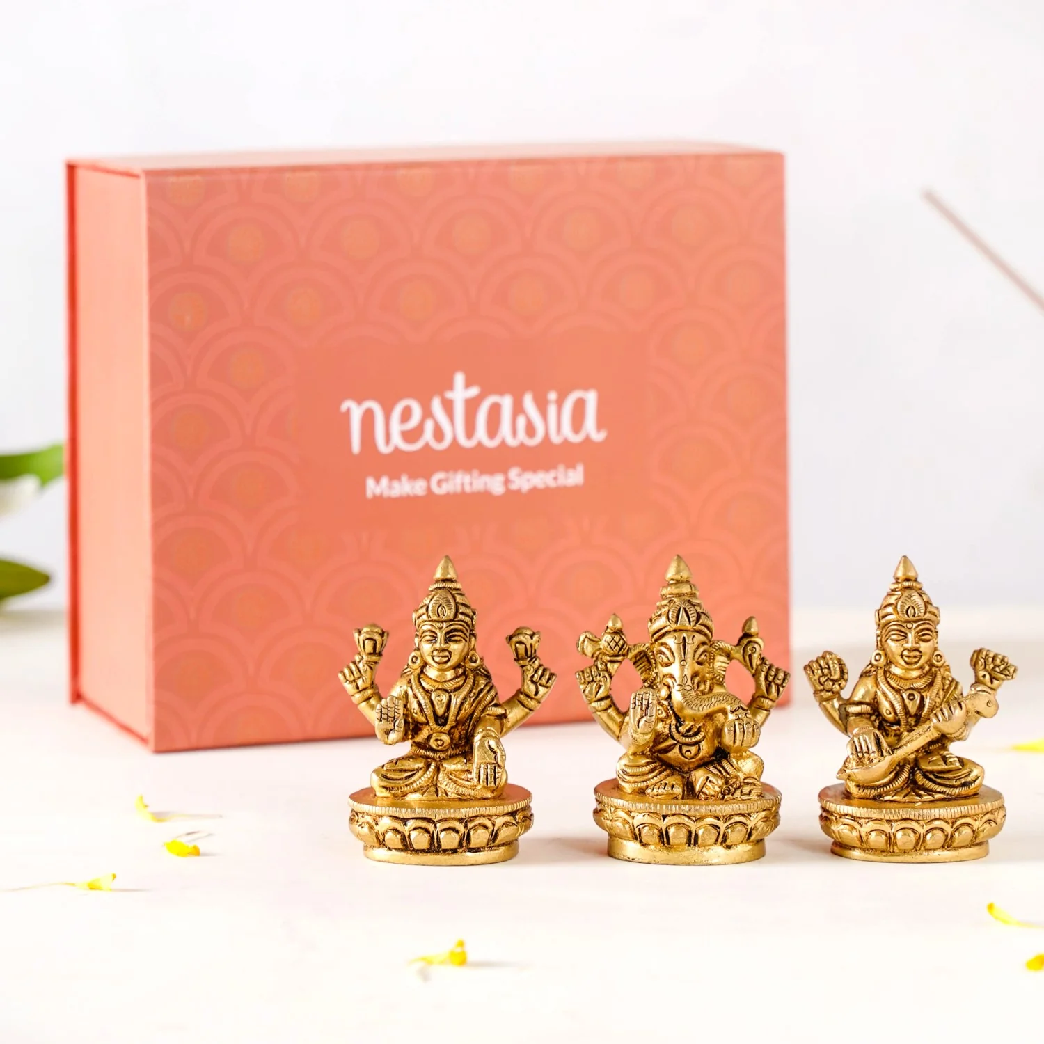 Ganesh Laxmi Saraswati Brass Puja Idol Set Of 3 7cm - Image 2