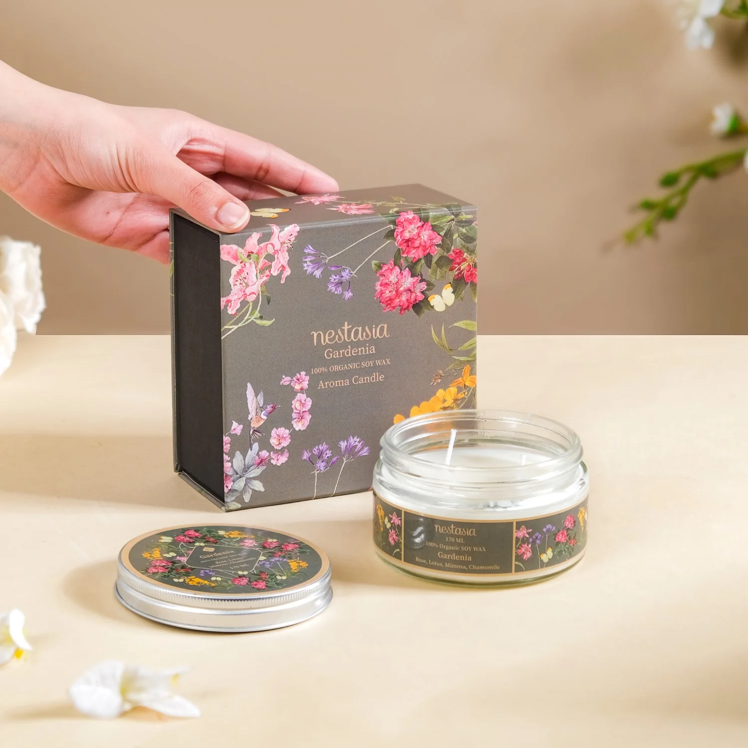 Gardenia Scented Two Wick Candle Glass Jar 170ml - Image 4