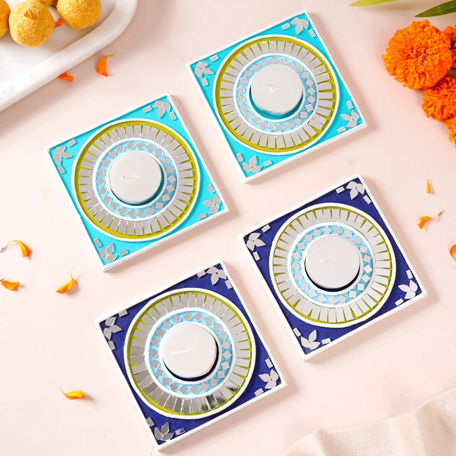 Geometric Blues Lippan Art Tealight Candle Holder Set Of 4 - Image 3