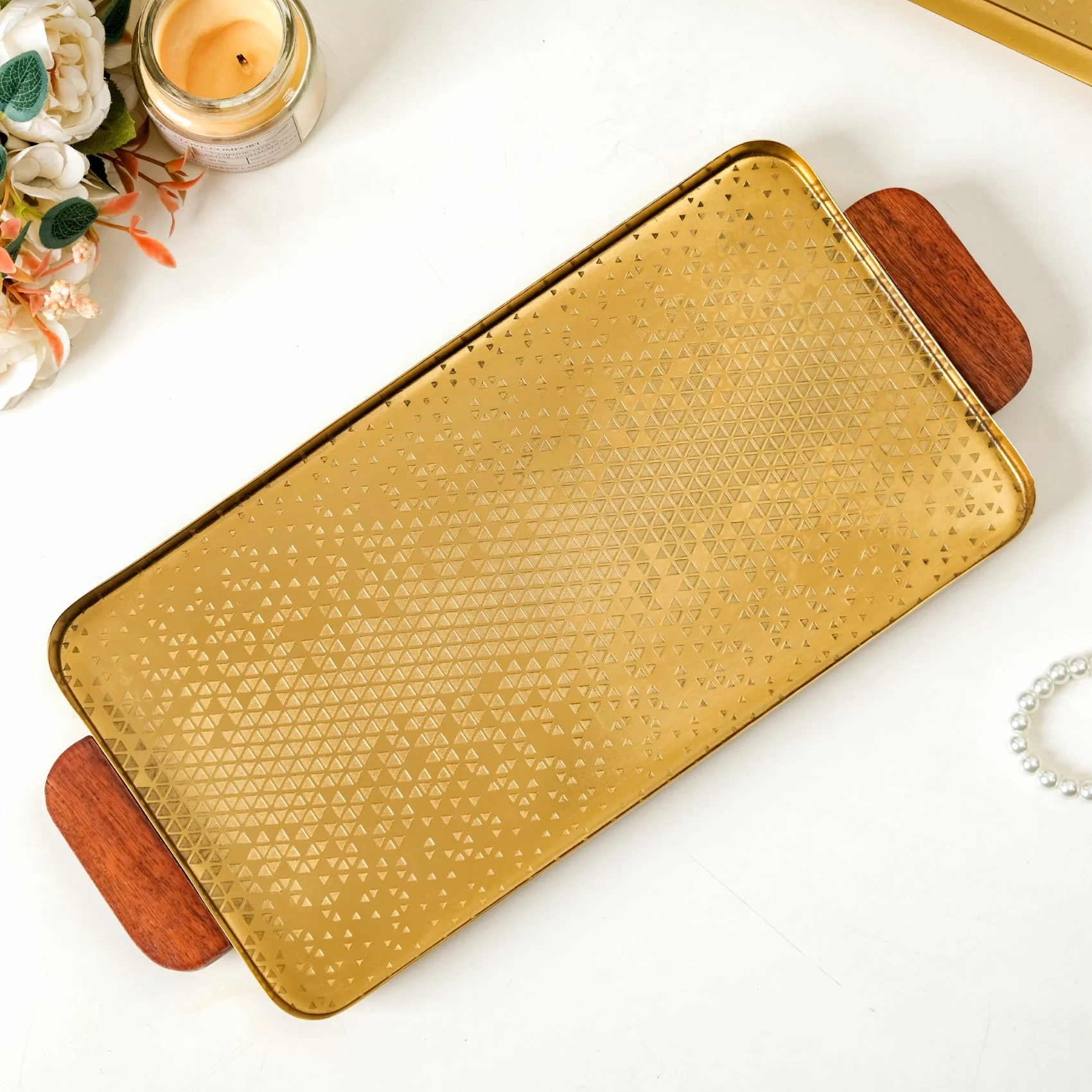 Geometric Embossed Rectangle Metal Tray With Wooden Handles - Image 6