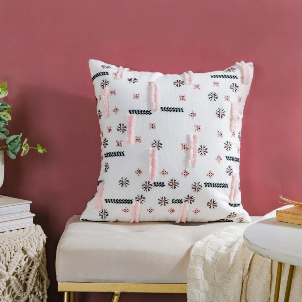 Geometric Embroidered Cotton Cushion Cover 16 inch