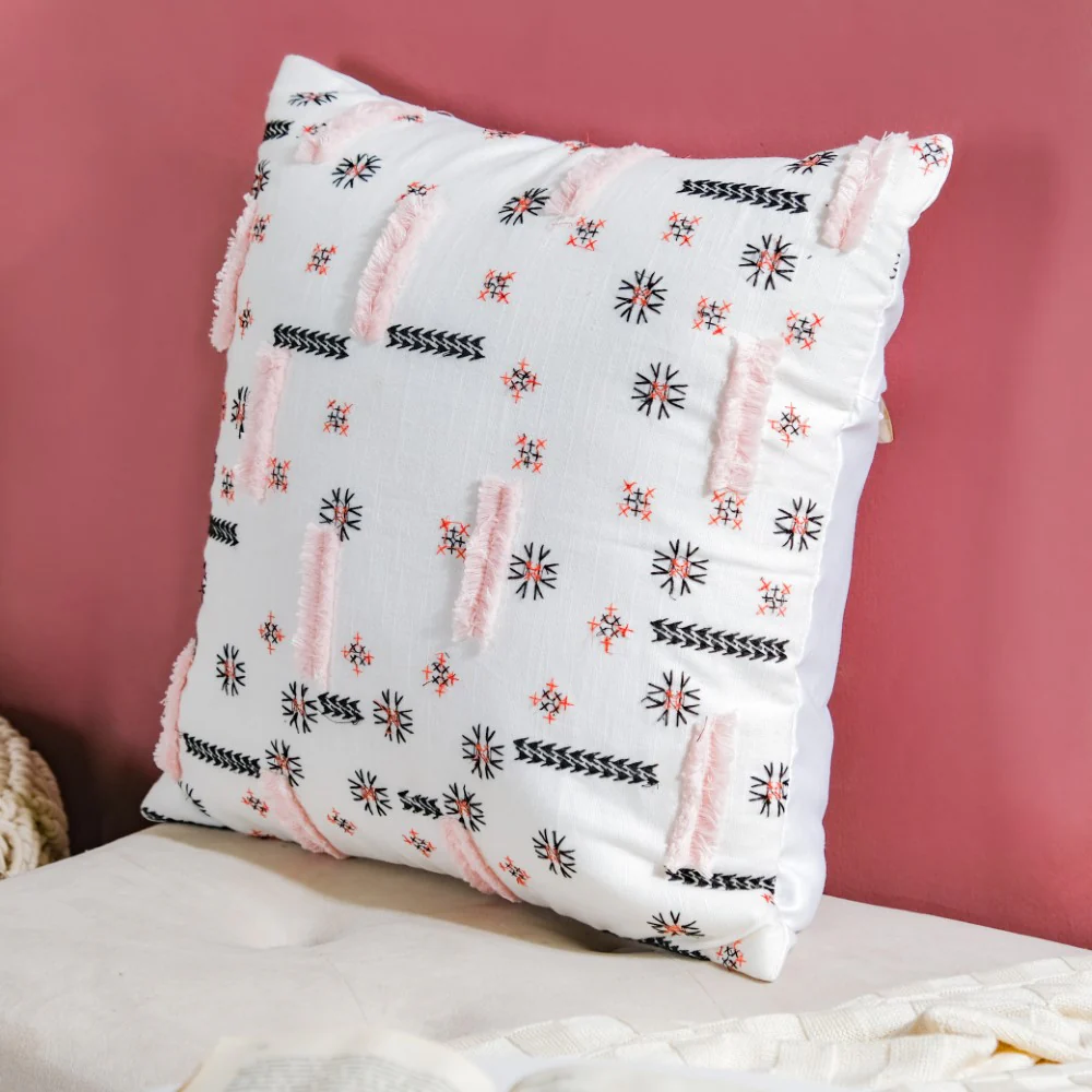 Geometric Embroidered Cotton Cushion Cover 16 inch - Image 2
