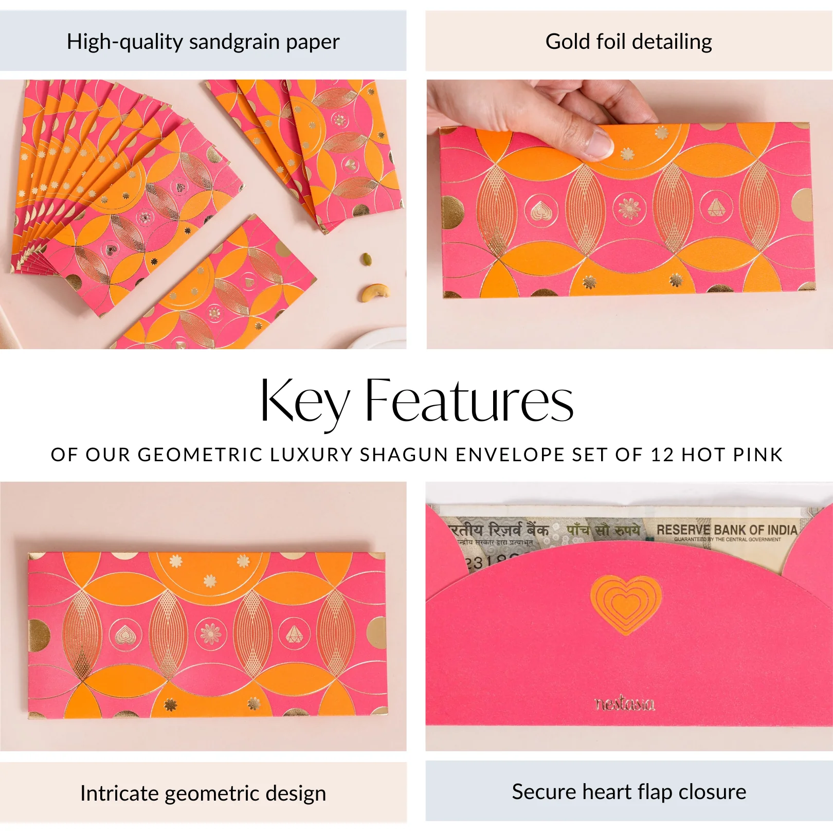 Geometric Luxury Shagun Envelope For Birthdays Set Of 12 Hot Pink - Image 5