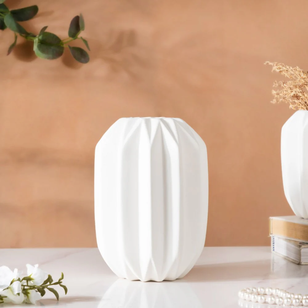 Geometric Textured Ceramic Vase White Medium - Image 4
