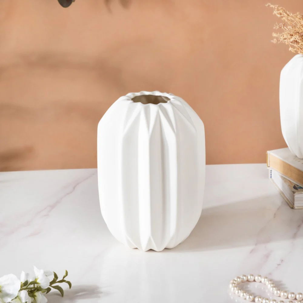 Geometric Textured Ceramic Vase White Medium - Image 7