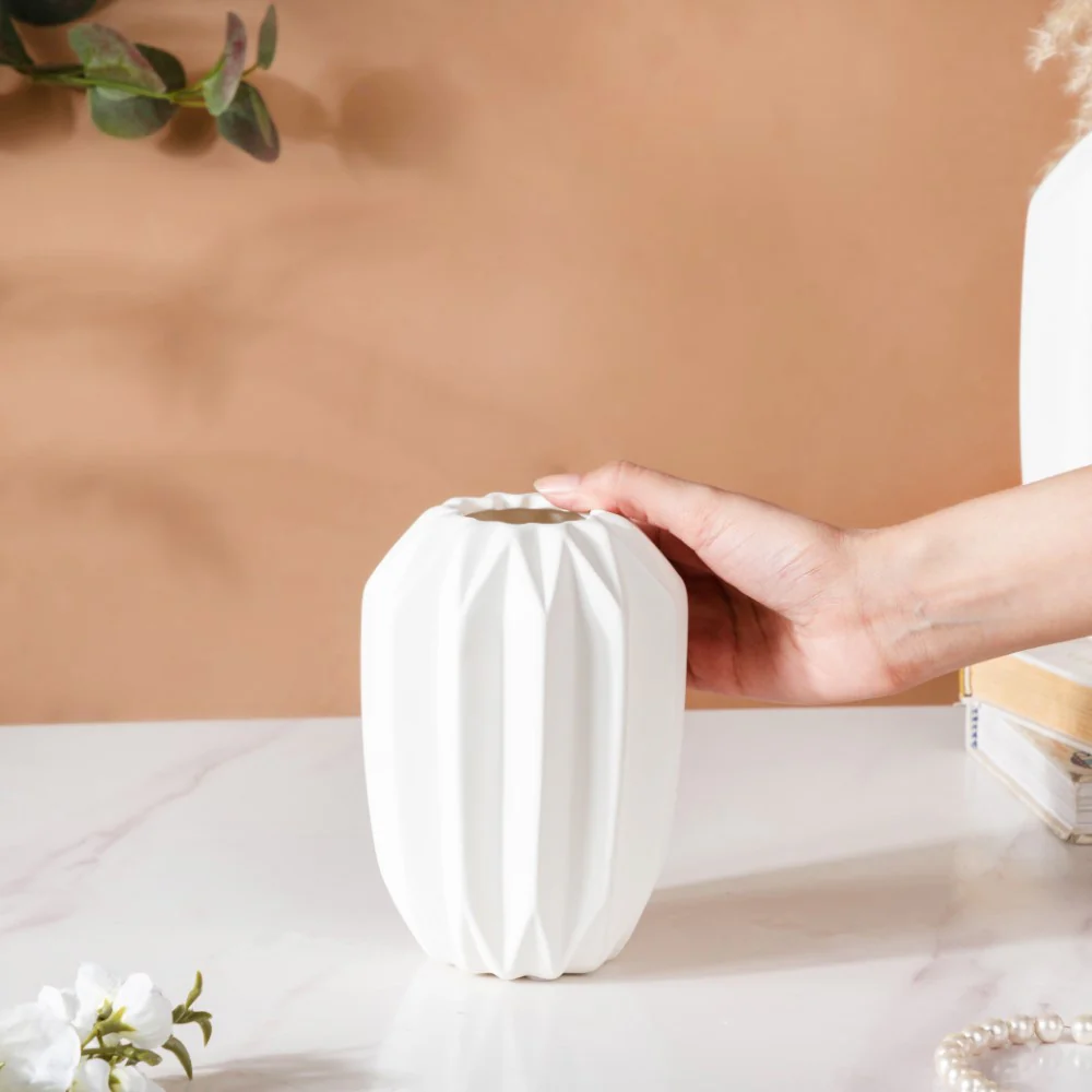 Geometric Textured Ceramic Vase White Small - Image 2