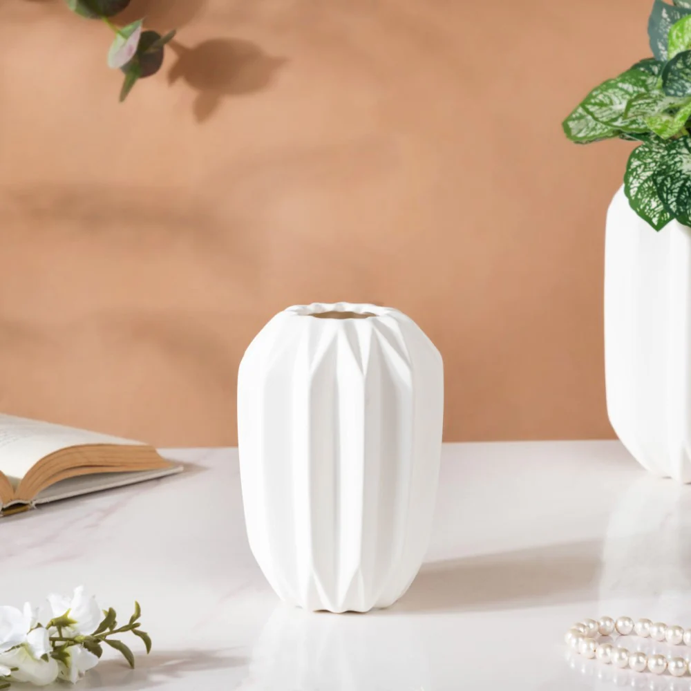 Geometric Textured Ceramic Vase White Small - Image 5