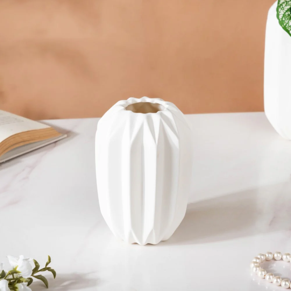 Geometric Textured Ceramic Vase White Small - Image 7