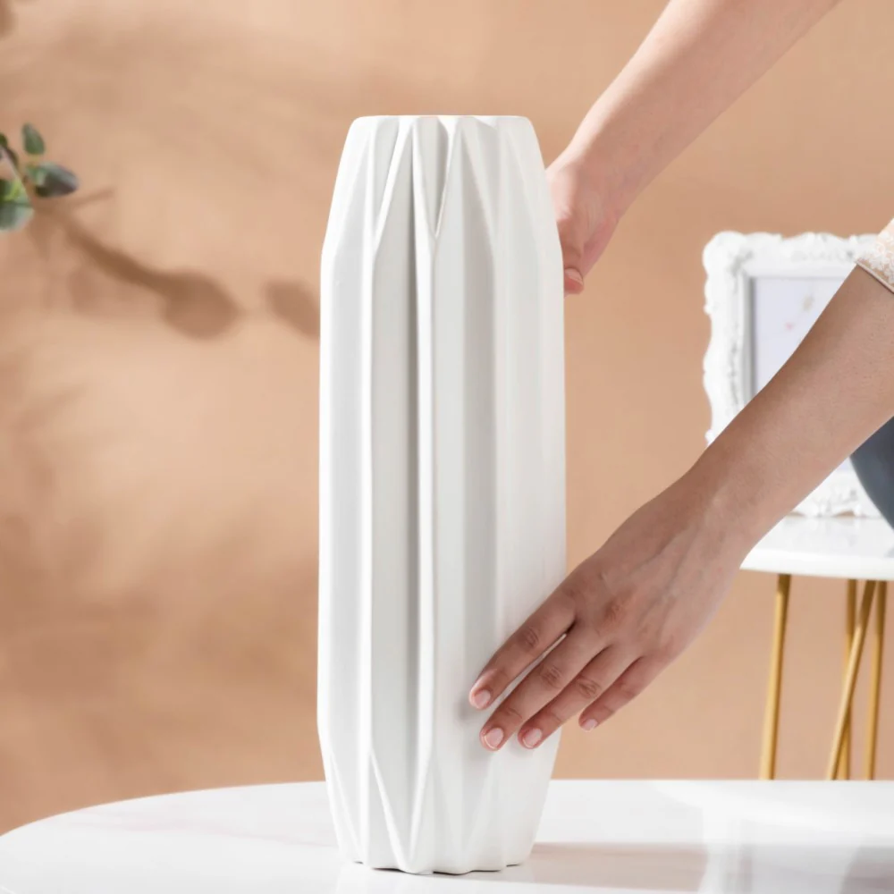 Geometric Textured Ceramic Vase White Tall - Image 2