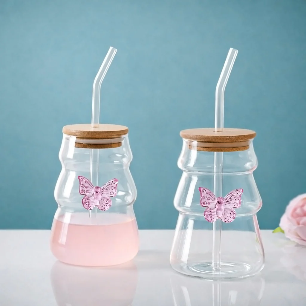 Girlie Butterfly Glass Tumbler With Straw Set Of 2 500ml