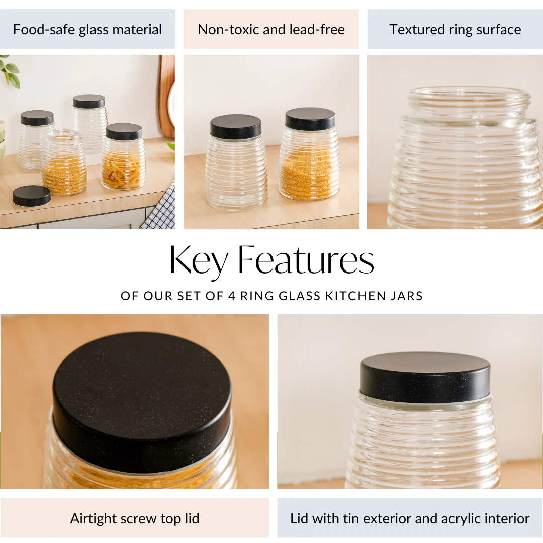 Glass Kitchen Jars With Lid Set Of 4 Rings Design 1400ml - Image 4