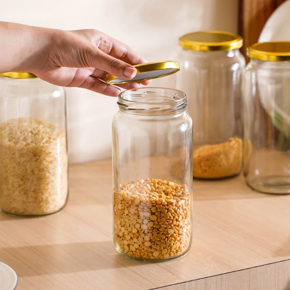 Glass Kitchen Storage Jar With Gold Lid Set Of 4 950ml - Image 2