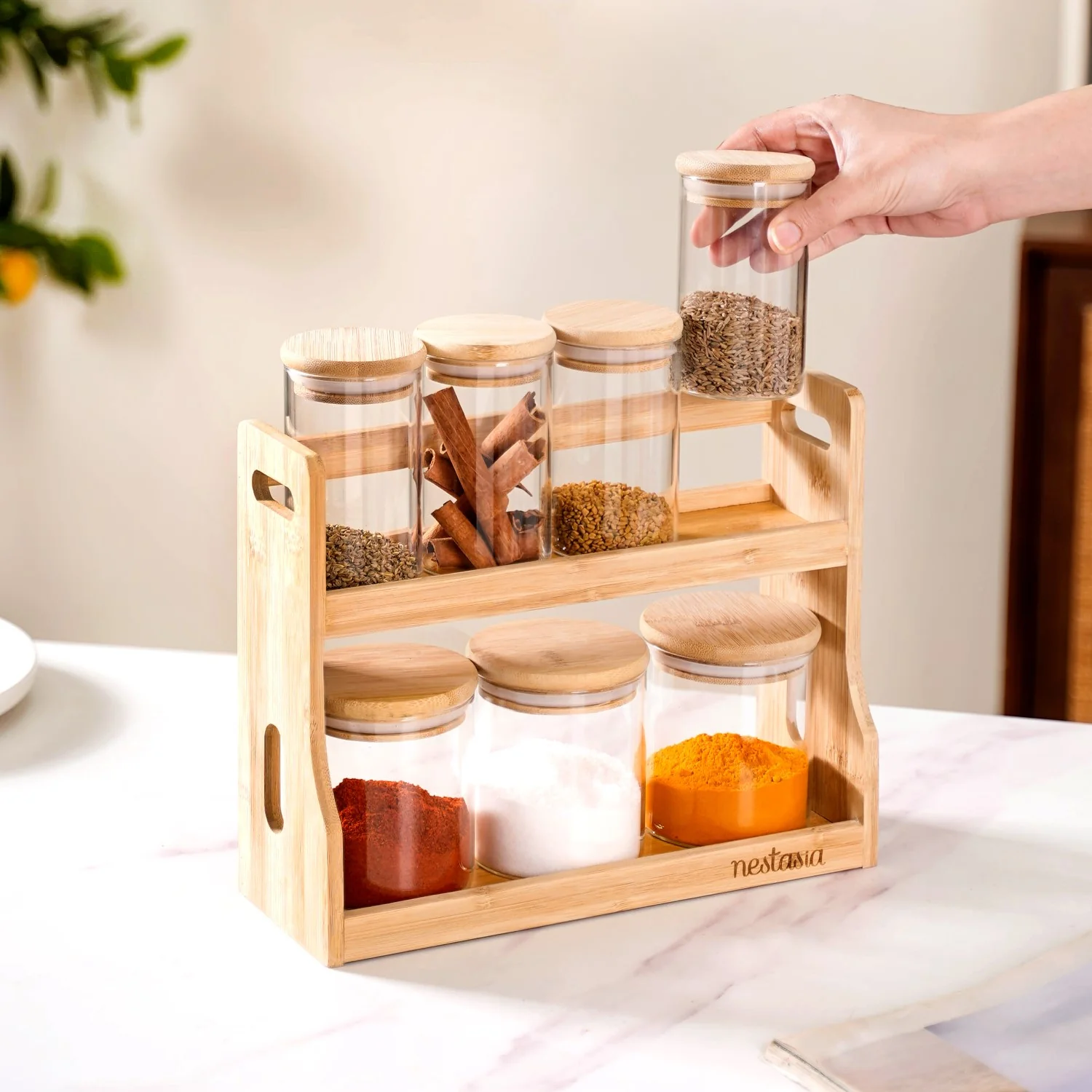 Glass Spice Jars Set of 7 With Wooden Storage Rack - Image 2