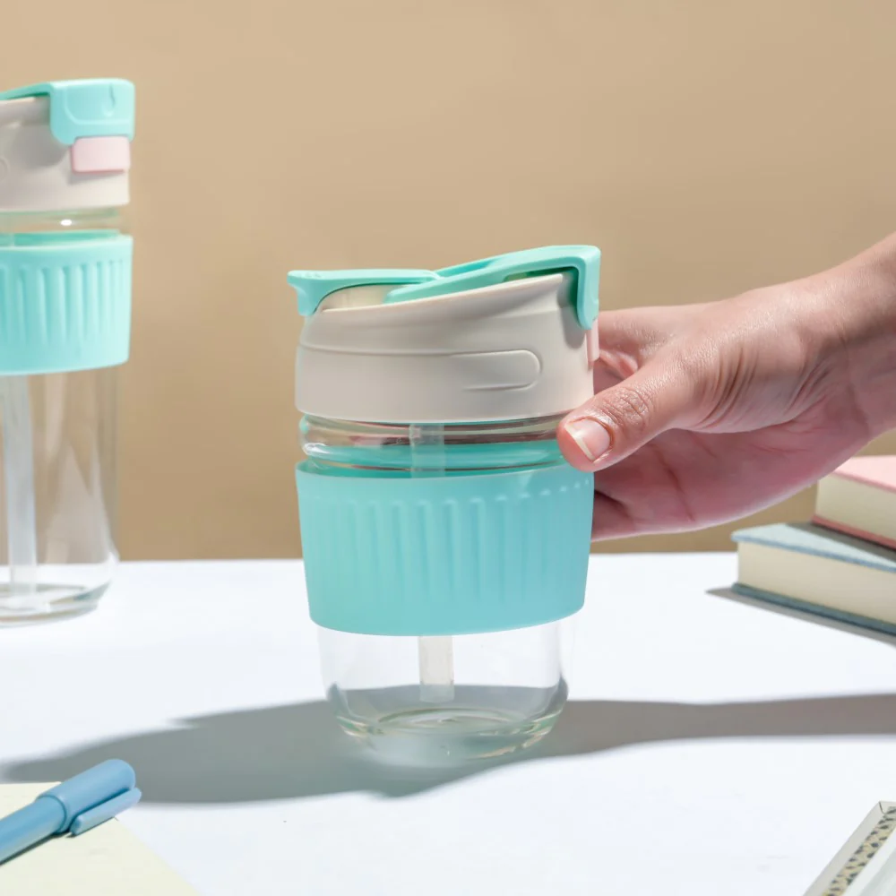 Glass Tumbler With Dual Flip Lid Blue 350ml - Image 2
