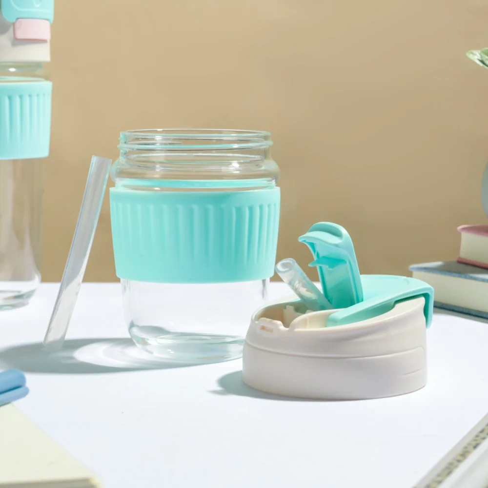 Glass Tumbler With Dual Flip Lid Blue 350ml - Image 3