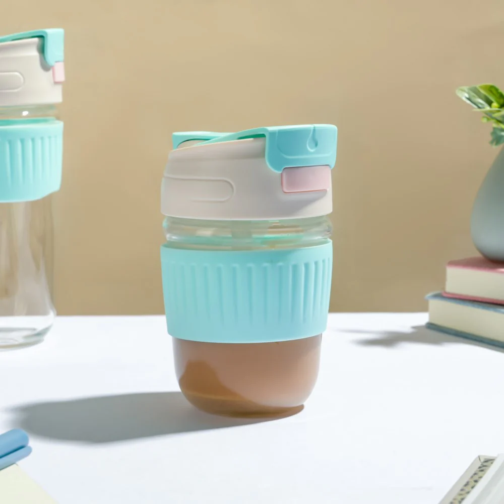 Glass Tumbler With Dual Flip Lid Blue 350ml - Image 4