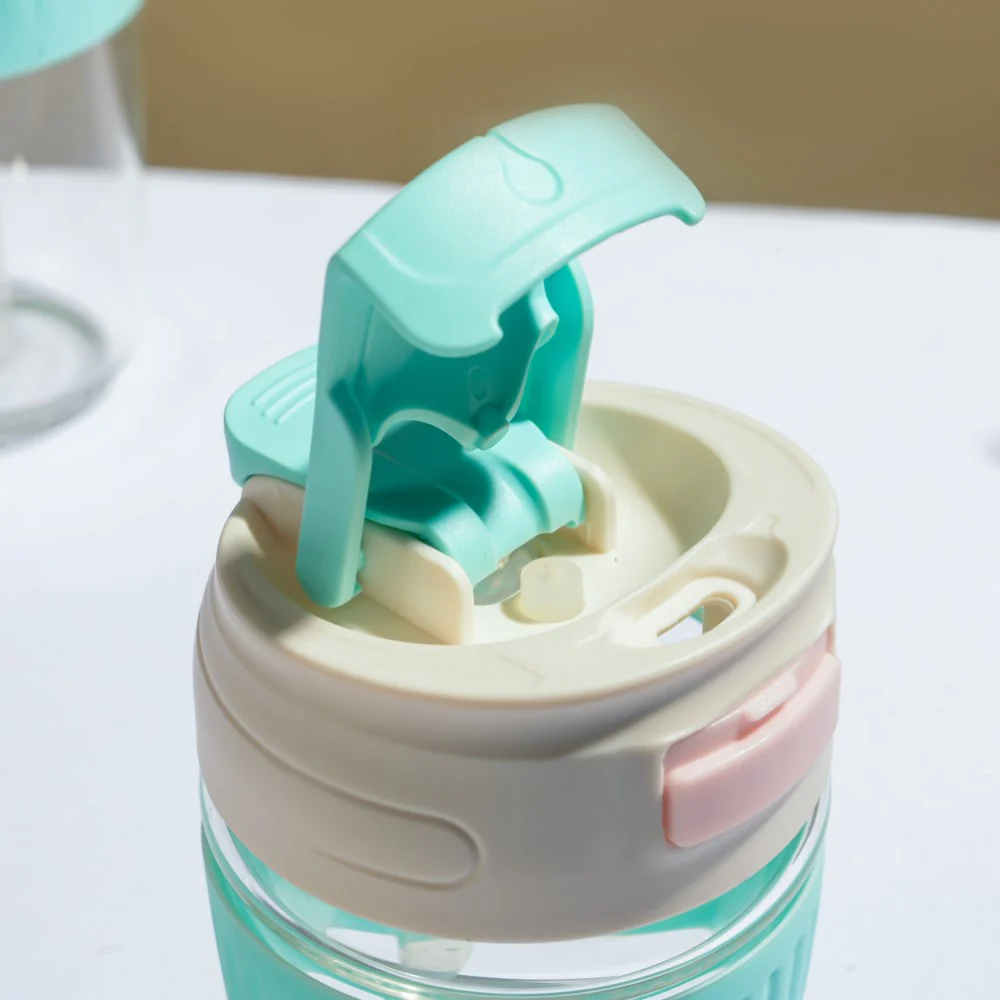 Glass Tumbler With Dual Flip Lid Blue 350ml - Image 5