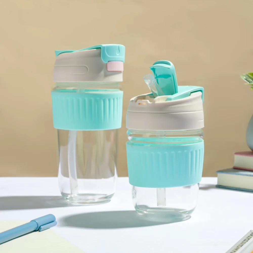Glass Tumbler With Dual Flip Lid Blue 350ml - Image 9