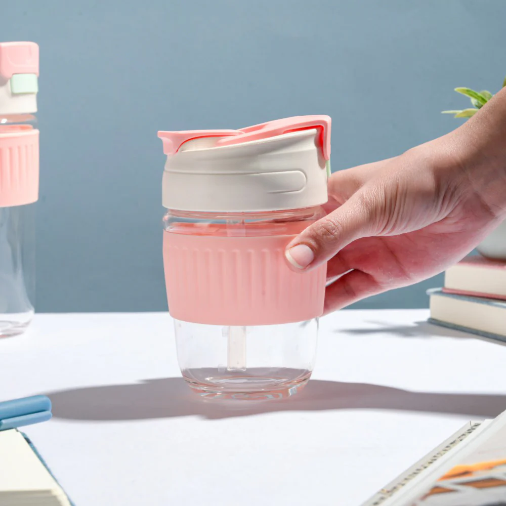 Glass Tumbler With Dual Flip Lid Pink 350ml - Image 3