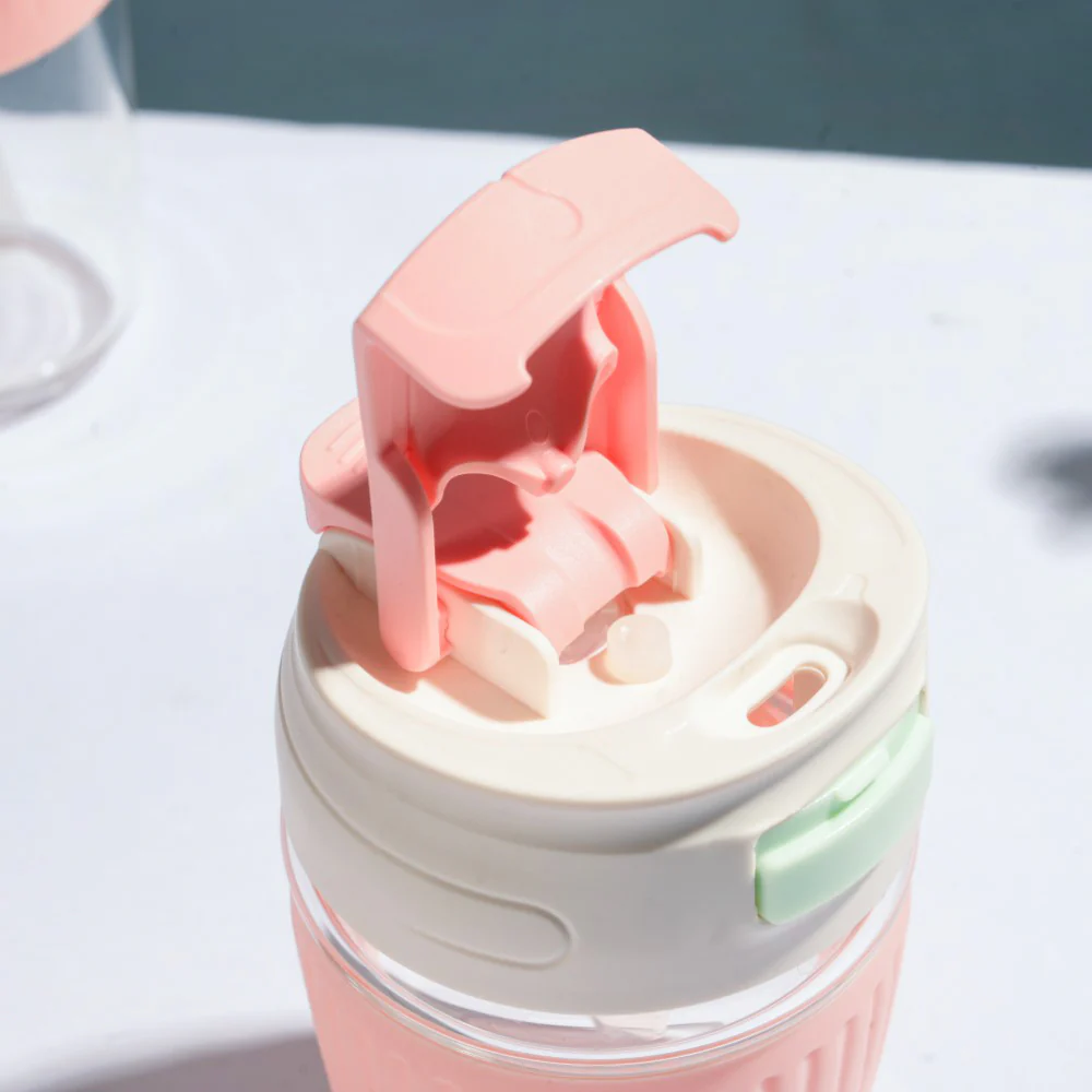 Glass Tumbler With Dual Flip Lid Pink 350ml - Image 5