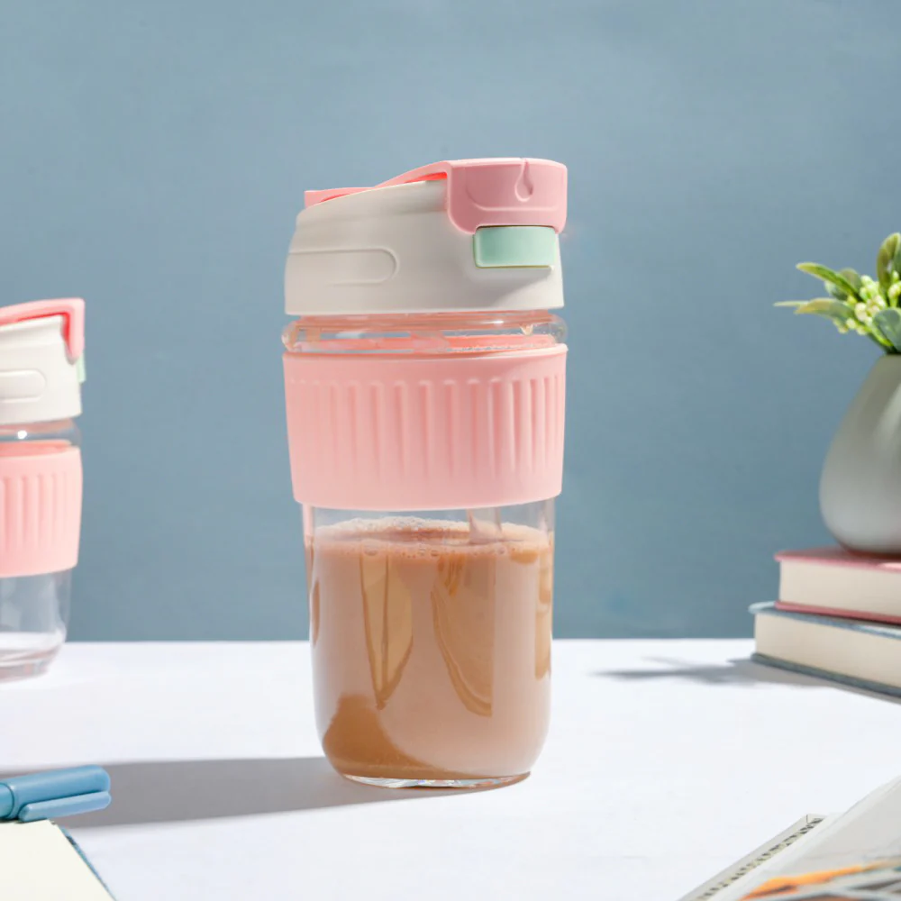 Glass Tumbler With Dual Flip Lid Pink 450ml - Image 6