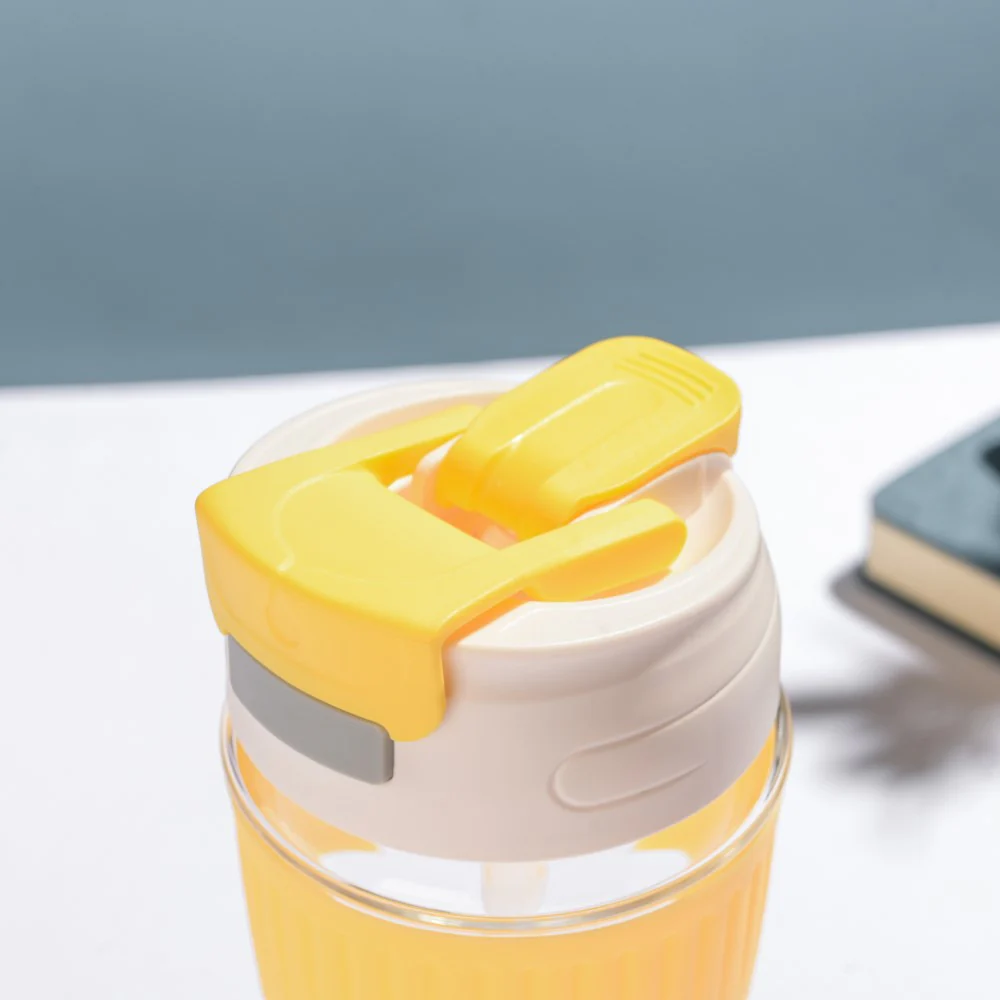 Glass Tumbler With Dual Flip Lid Yellow 350ml - Image 6