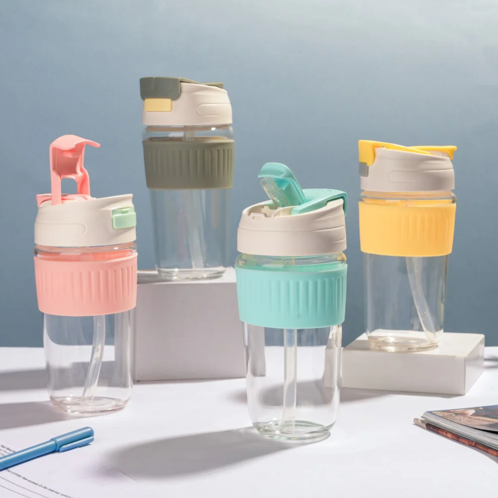 Glass Tumbler With Dual Flip Lid Yellow 450ml - Image 9