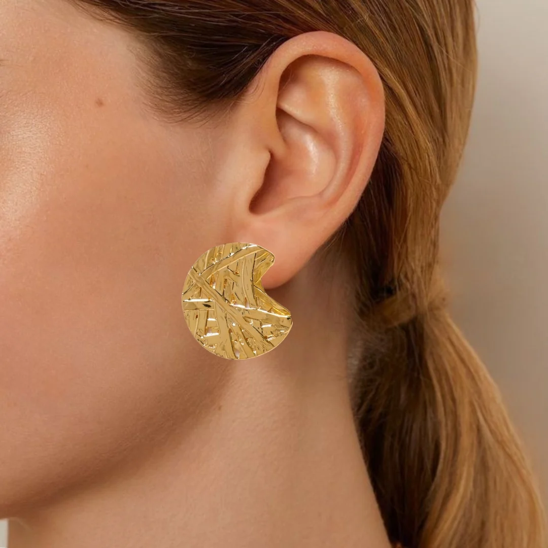 Gold Abstract Textured Round Statement Earrings - Image 5