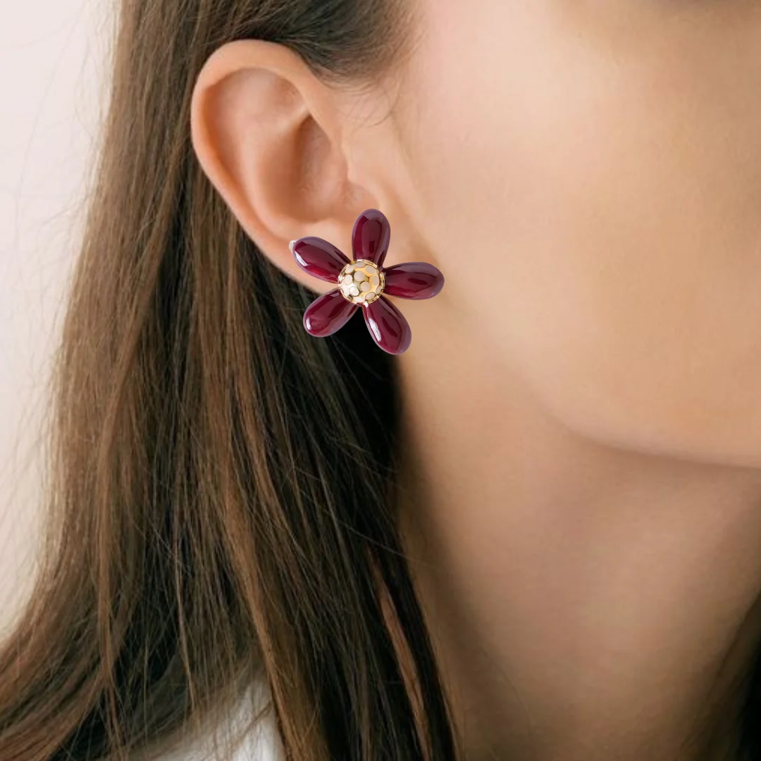 Gold And Maroon Flower Studs - Image 5