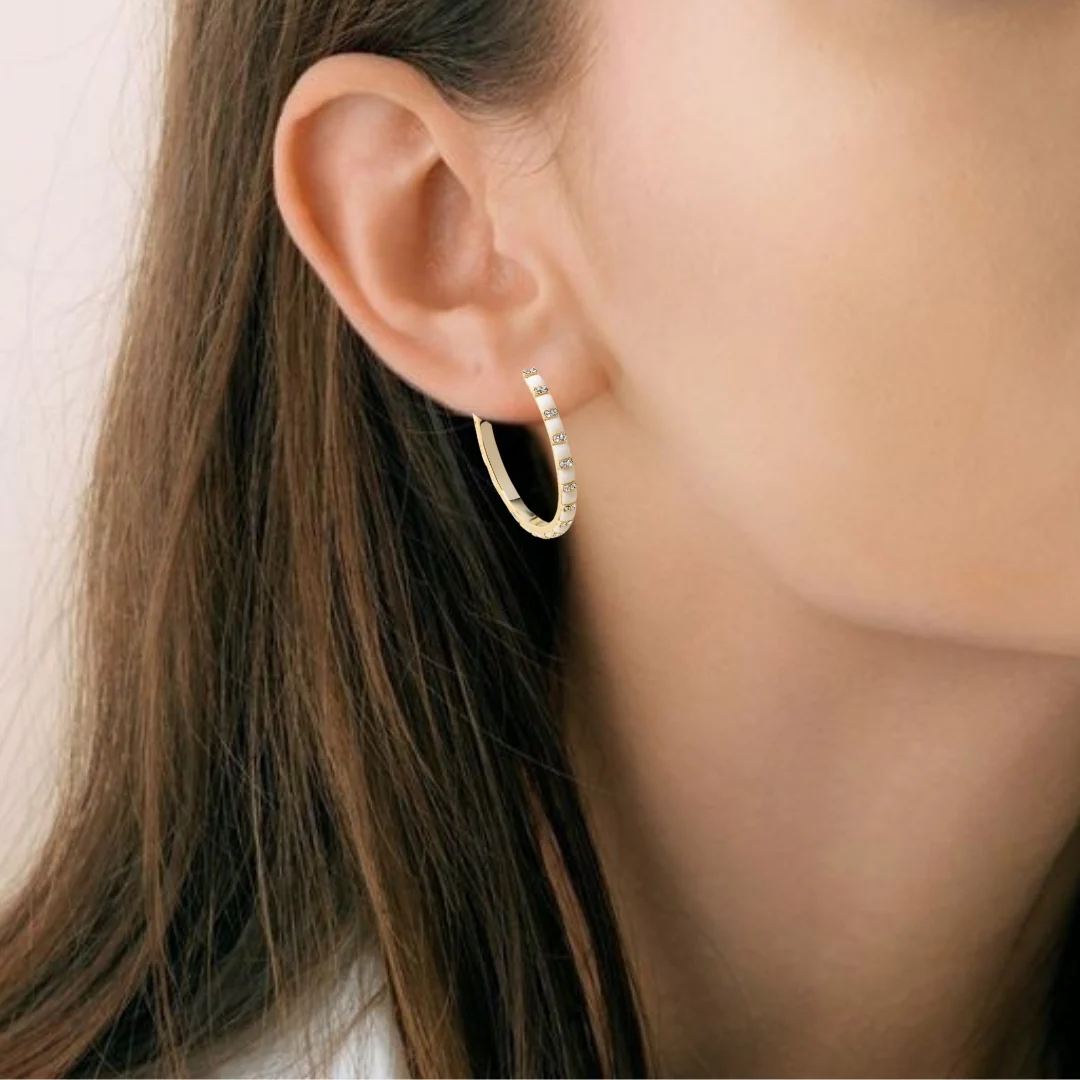 Gold And White Lattice Hoop Earrings - Image 5