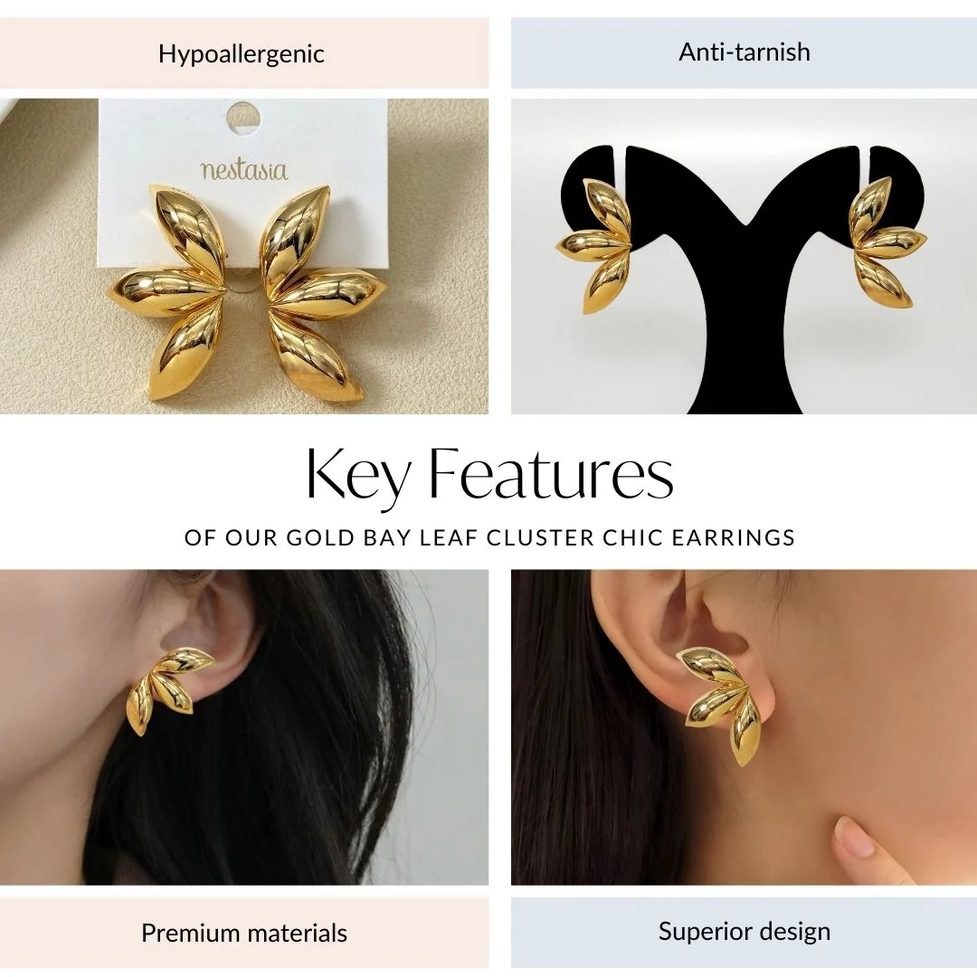 Gold Bay Leaf Cluster Chic Earrings - Image 4