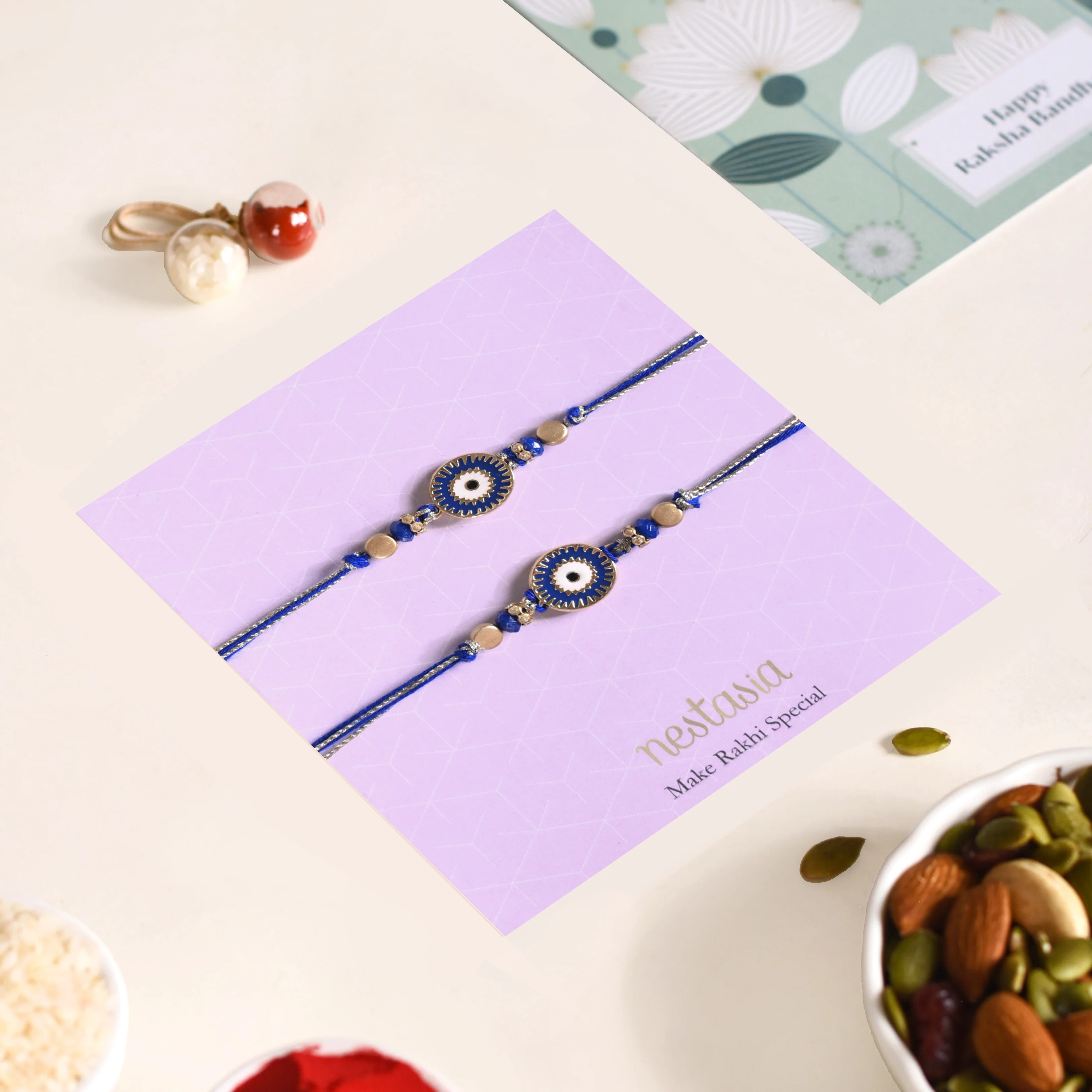 Gold Blue Protective Rakhi Gift Set Of 4 With Box And Card - Image 3
