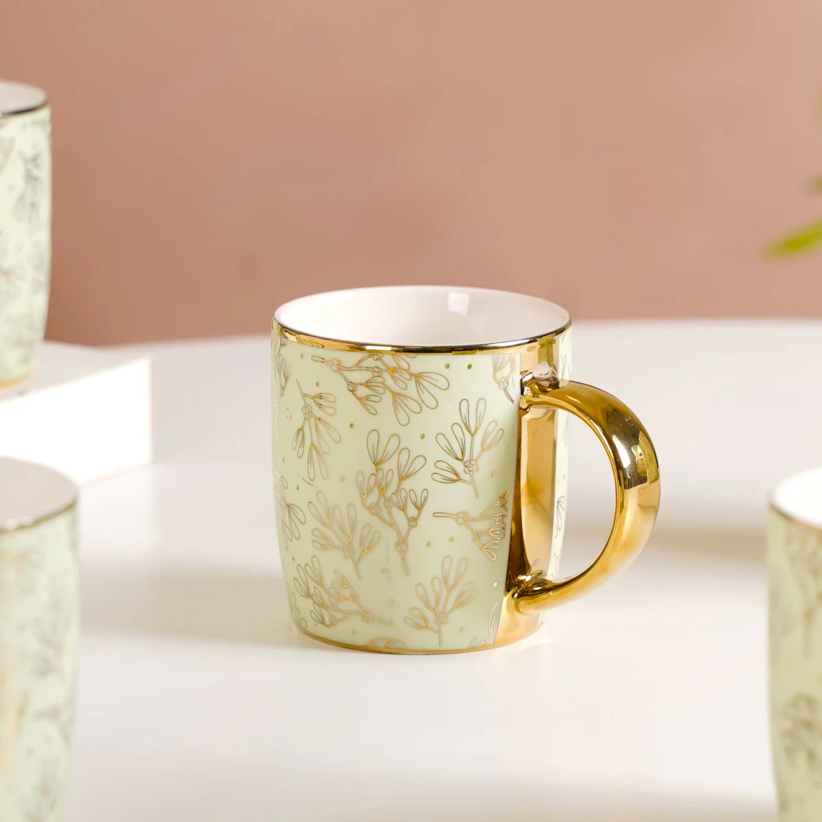 Gold Detail Coffee Mug Set of 6 Matte Pistachio Green 350ml - Image 3