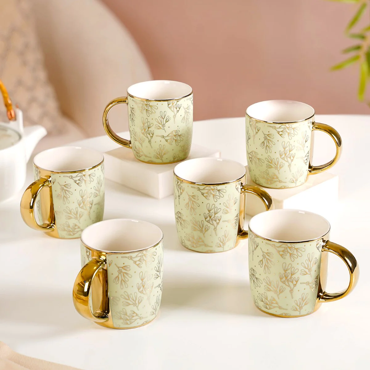 Gold Detail Coffee Mug Set of 6 Matte Pistachio Green 350ml - Image 7