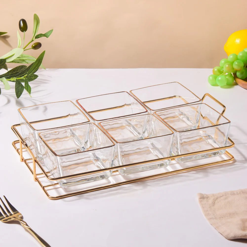 Gold Detailed Glass Bowls And Tray Set Of 7 200ml