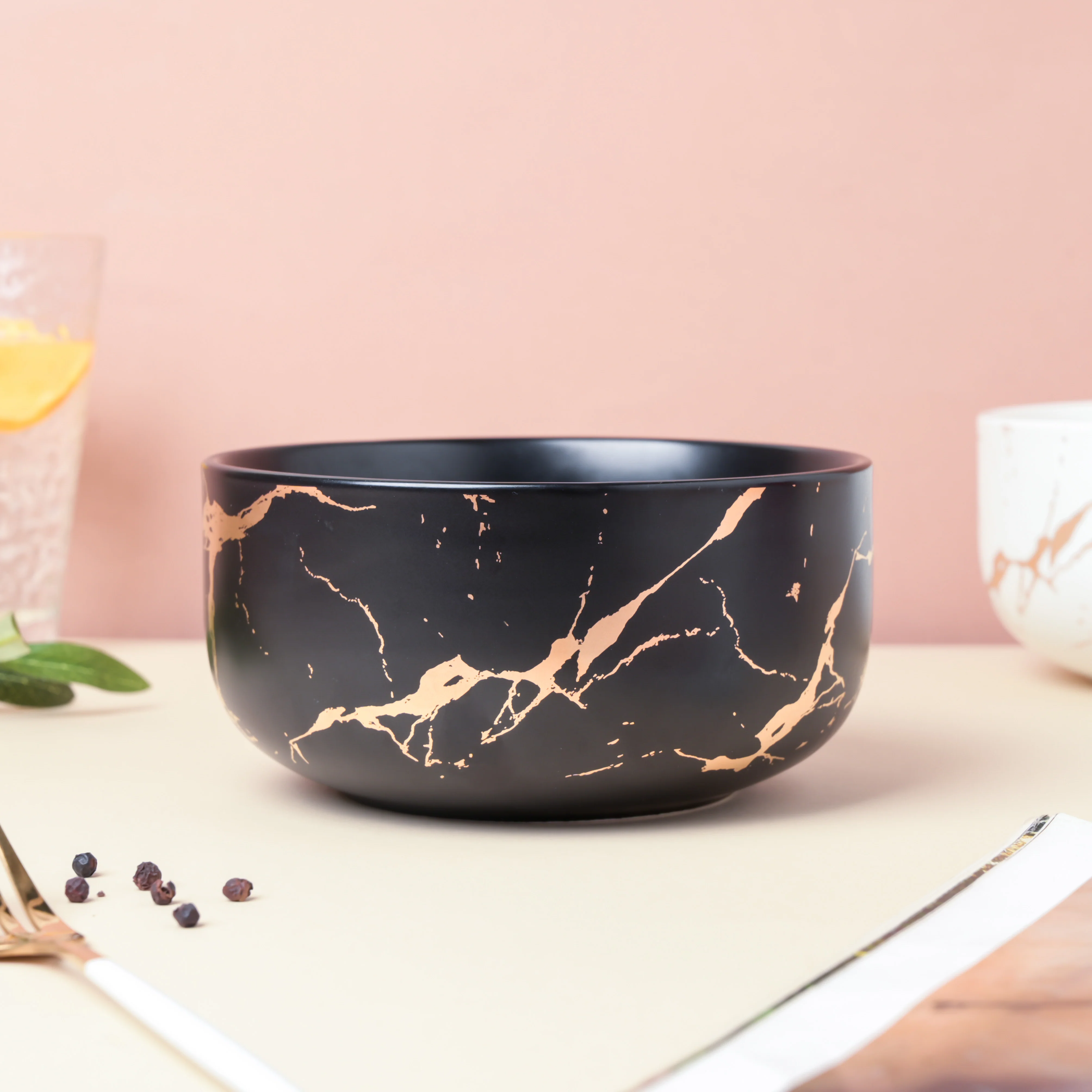 Gold Detailed Marble Ceramic Serving Bowl Black - Image 3