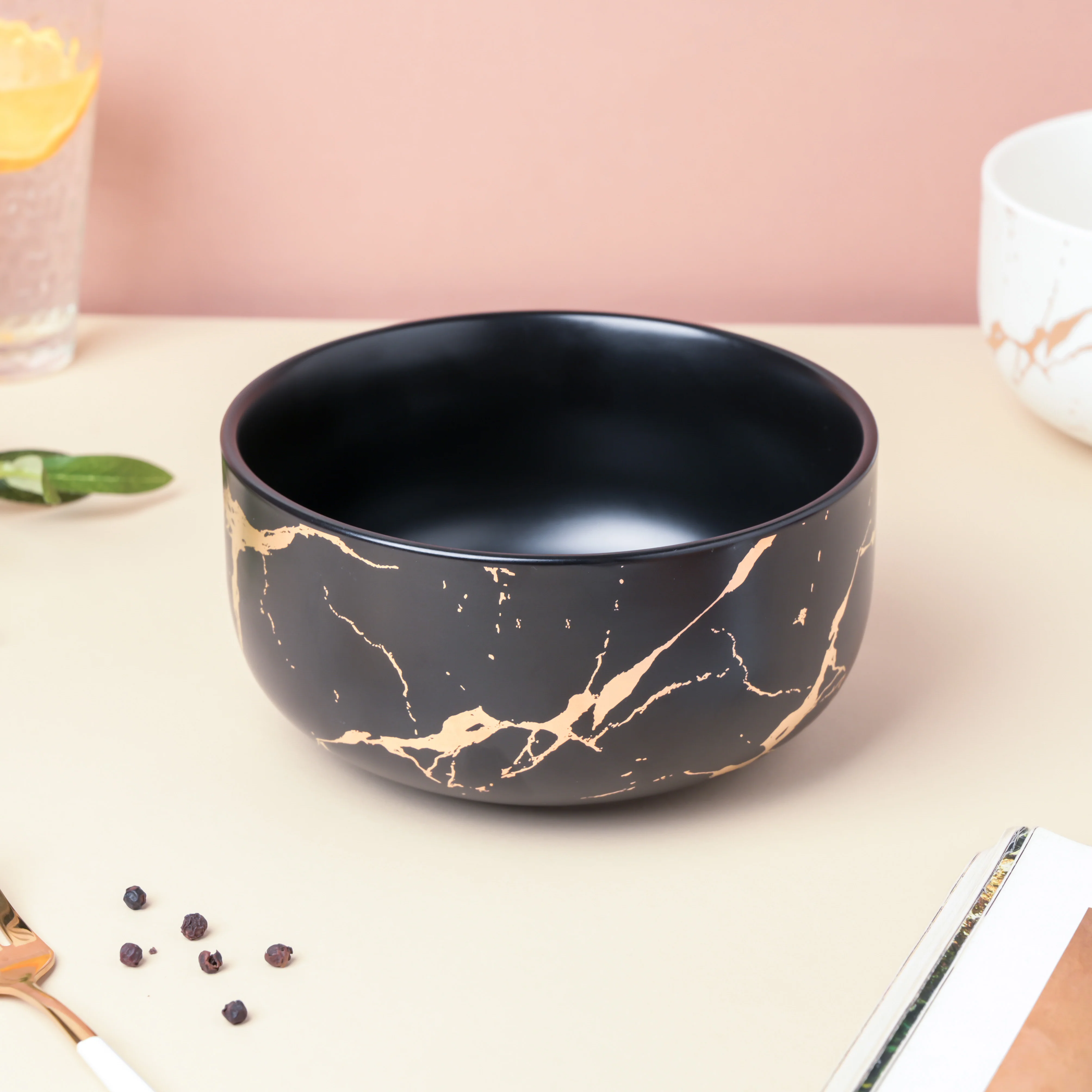 Gold Detailed Marble Ceramic Serving Bowl Black - Image 4
