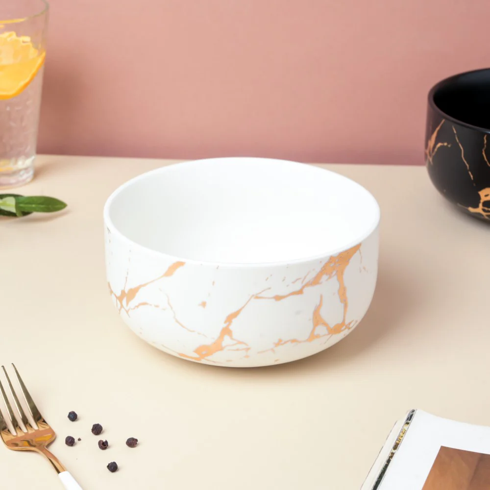 Gold Detailed Marble Ceramic Serving Bowl White - Image 3