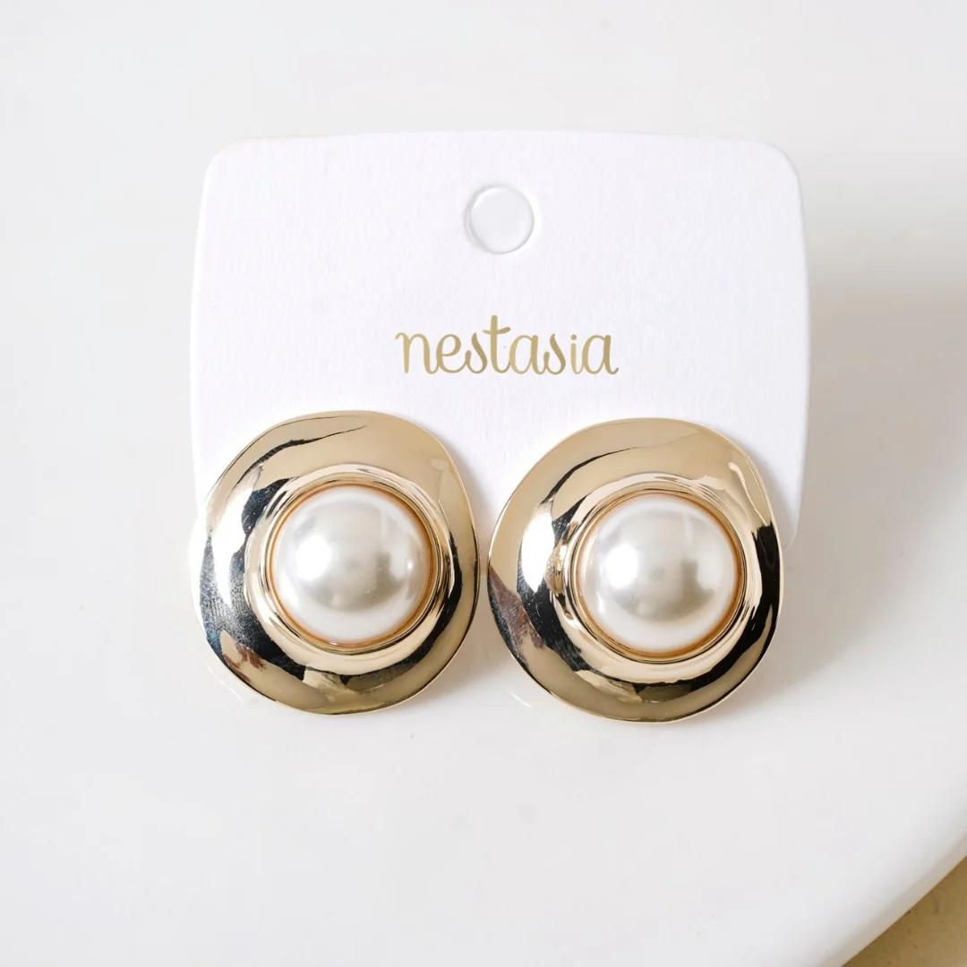 Gold Disc With Pearl Stud Earrings