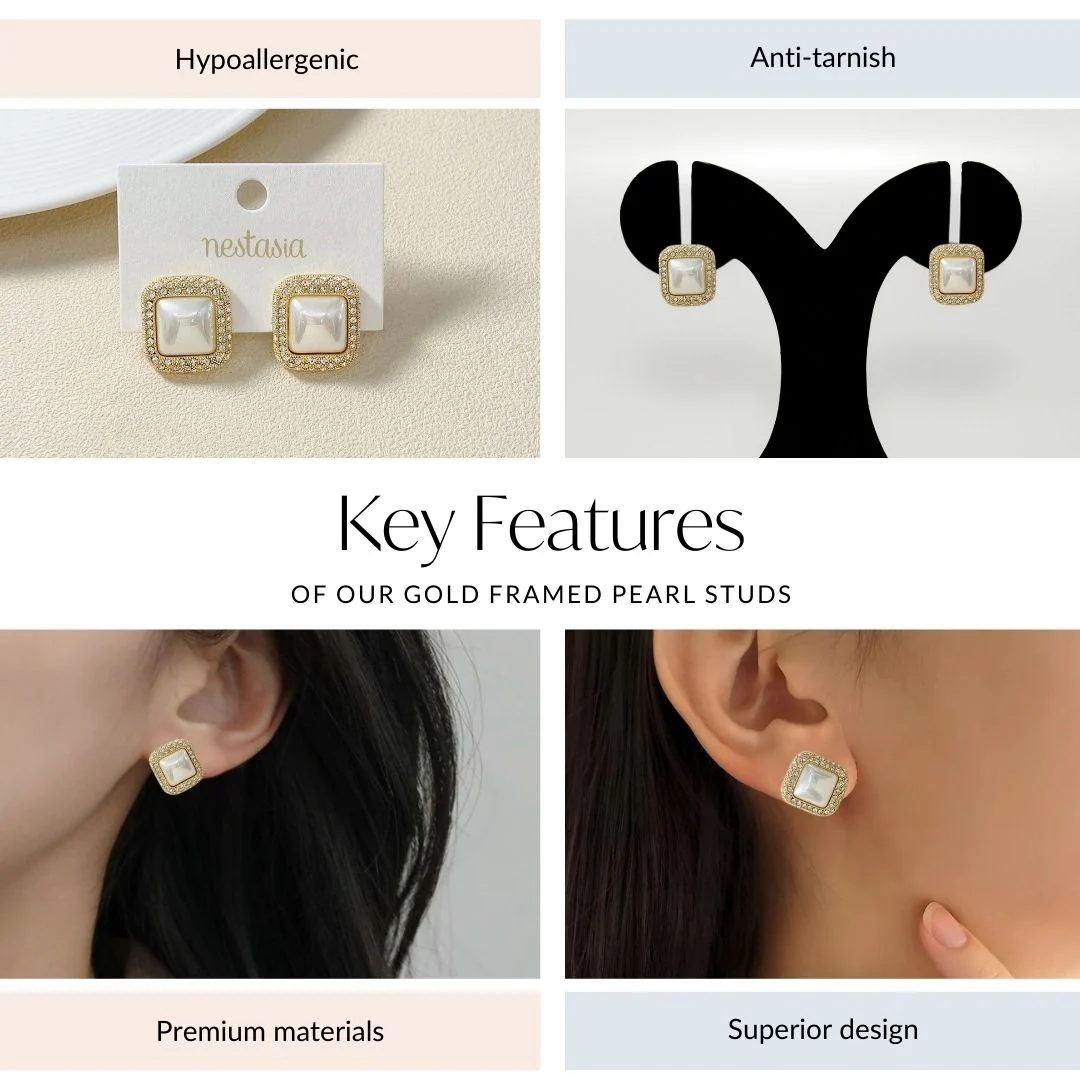 Gold Framed Pearl Studs - Image 4