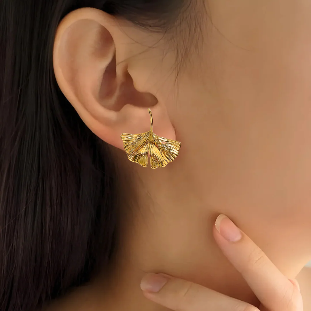 Gold Ginkgo Leaf Earrings - Image 2